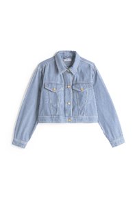 Korte denimjakke i blå og hvite vertikale striper, med to frontlommer, gullfargede knapper og en klassisk krage.