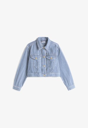 Zkrácená džínsová bunda v modro-bílých vertikálních pruzích, s dvěma předními kapsami, zlatými knoflíky a klasickým límcem.