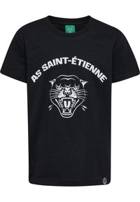 Svart bomull t-shirt med en vit grafik av en rytande panter och texten "AS SAINT-ÉTIENNE" ovanför. Korta ärmar och rund halsringning.