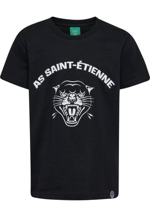 Czarny bawełniany t-shirt z białą grafiką ryczącego pantery i napisem "AS SAINT-ÉTIENNE" powyżej. Krótkie rękawy i okrągły dekolt.