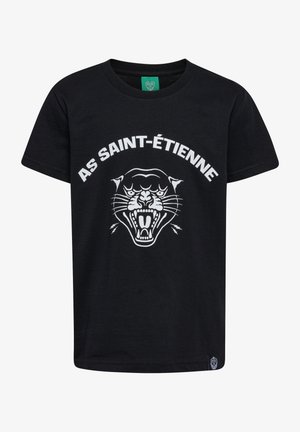 Sort bomulds t-shirt med en hvid grafik af en brølende panter og teksten "AS SAINT-ÉTIENNE" ovenfor. Korte ærmer og rund hals.