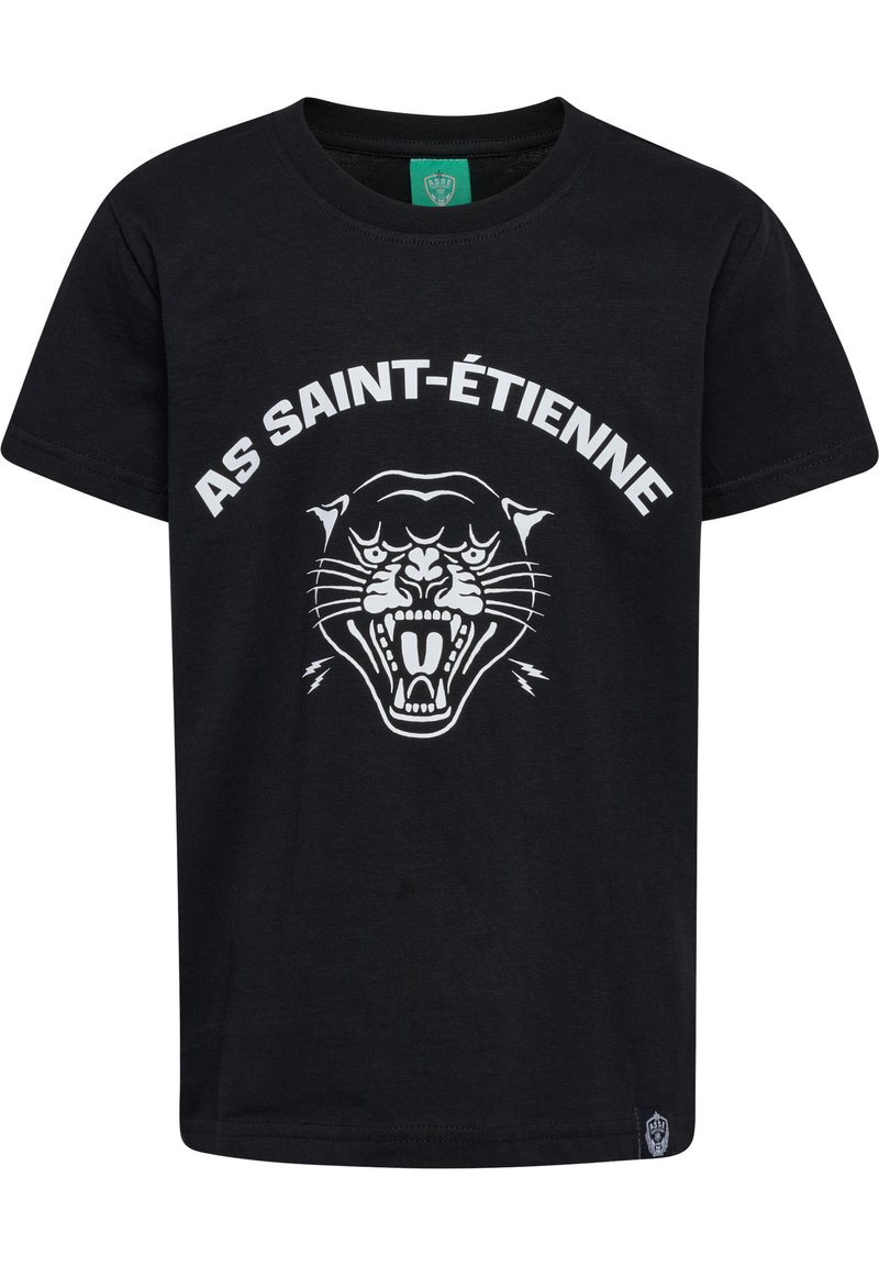 Svart bomull t-shirt med en vit grafik av en rytande panter och texten "AS SAINT-ÉTIENNE" ovanför. Korta ärmar och rund halsringning.
