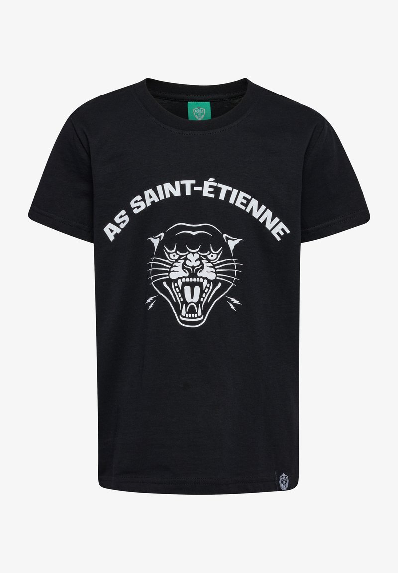 Svart bomull t-shirt med en vit grafik av en rytande panter och texten "AS SAINT-ÉTIENNE" ovanför. Korta ärmar och rund halsringning.