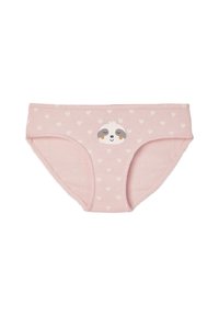 Hellrosa Baumwoll-Hipster-Unterwäsche mit einem Panda-Gesicht-Print und kleinen Herzmustern. Verfügt über einen weichen elastischen Bund und Steppdetails.