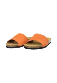 Orange suede slip-on sandals with a wide strap and open toe, featuring a cork footbed and black rubber outsole. Simple design, textured surface.