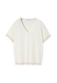 Top a manica corta con scollatura a V in un tessuto bianco sporco con una consistenza morbida. Presenta sottili righe beige sui bordi delle maniche.