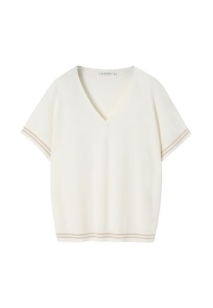 V-hals, kortemouwtop in off-white stof met een zachte textuur. Kenmerkt zich door subtiele beige strepen op de mouwranden.