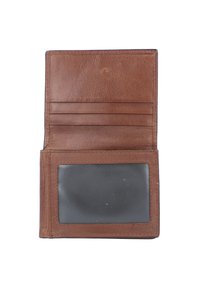 Portefeuille en cuir marron avec plusieurs emplacements pour cartes et une fenêtre transparente pour la carte d'identité. Présente une finition texturée, des coutures minimales et un design compact.