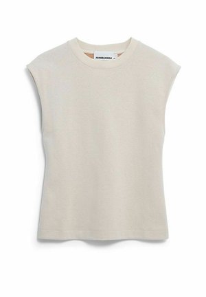 Beige top met korte mouwen, gemaakt van zachte stof, met een ronde hals en een losse pasvorm. Heeft subtiele schouderdetails en een gladde textuur.