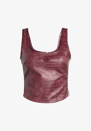 Ärmelloses, kurz geschnittenes Tanktop mit bordeauxroter, künstlicher Krokodilhaut-Struktur und dezentem Adidas-Trefoil-Logo in der Mitte vorne.