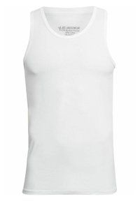 Weißes Tanktop aus 65 % Bambusviskose, 30 % Baumwolle und 5 % Elasthan. Verfügt über einen runden Ausschnitt und ärmelloses Design, glatte Textur.