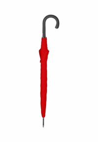 Rode paraplu met een gebogen zwarte handgreep, textielstof en een rechte metalen schacht. Het gesloten ontwerp onthult een gladde, compacte vorm.