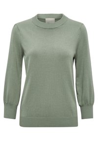 Maglione verde a maglia con colletto rotondo a costine, maniche lunghe e polsini e orlo a costine. Tessuto liscio con una vestibilità leggera.