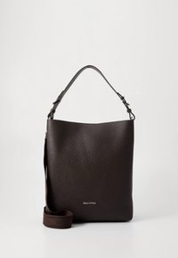Dark brown textured leather handbag with adjustable strap and "Marc O'Polo" logo on front, set against plain light background.
