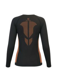 Black long-sleeve athletic shirt with orange mesh design on back, featuring a prominent logo at the top and contrasting side accents.
