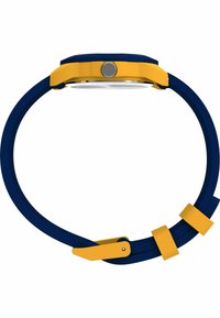 Montre-bracelet bleue et jaune avec un cadran rond, un bracelet en silicone lisse et une couronne en métal. Elle dispose d'une boucle sécurisée et d'un design minimaliste.