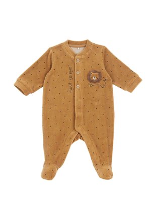Body bébé marron à pois noirs, boutons devant, lion brodé et texte "Mini Friends" sur la poitrine, jambes avec pieds, manches longues.