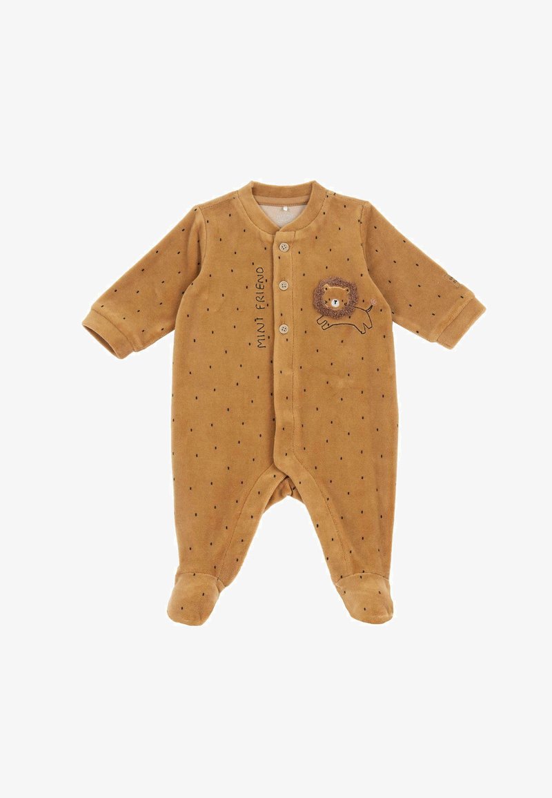 Body bébé marron à pois noirs, boutons devant, lion brodé et texte "Mini Friends" sur la poitrine, jambes avec pieds, manches longues.