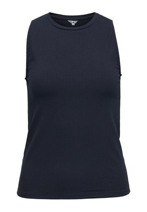 Tmavomodré námornícke tielko bez rukávov s rebrovaným vzorom, okrúhlym výstrihom, priliehavým strihom a malou značkou vo vnútri goliera.