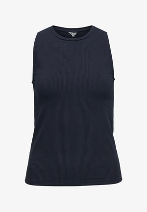 Varrukateta tumesinist soonikkoes tanktop ümarate kaelusega, keha järgiva lõikega ja väikese brändi sildiga krae sees.