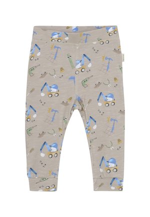 Beige Baumwollleggings mit einem verspielten Muster von Baustellenfahrzeugen und Werkzeugen in Blau, Grün und Gelb. Elastischer Bund, figurbetontes Design.