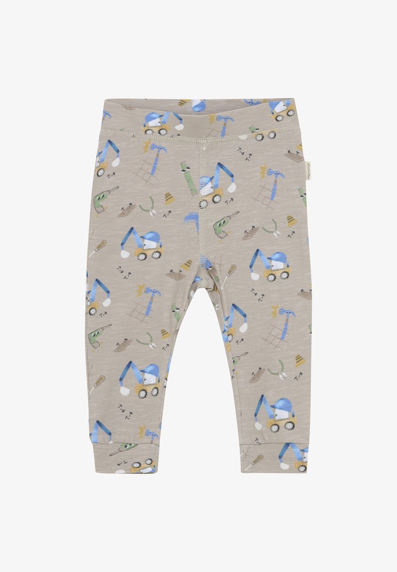 Beige Baumwollleggings mit einem verspielten Muster von Baustellenfahrzeugen und Werkzeugen in Blau, Grün und Gelb. Elastischer Bund, figurbetontes Design.