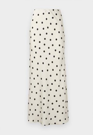 Balta midi ilgio sijonas su tiesiu kirpimu ir išmėtytu juodų taškelių raštu ant vienspalvio fono.