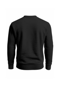 Schwarzer Sweatshirt mit Rundhalsausschnitt, langen Ärmeln sowie gerippten Bündchen und Saum. Die Textur des Stoffes wirkt glatt und gemütlich. Rückansicht gezeigt.