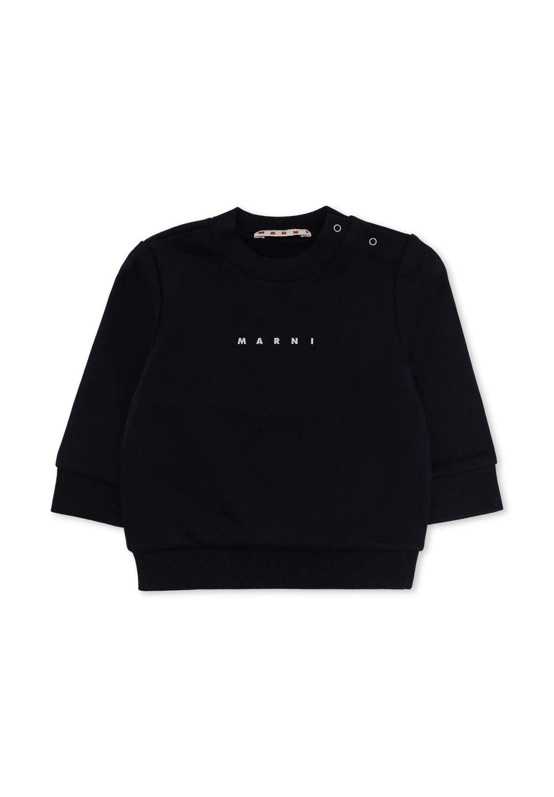 Felpa nera in cotone con maniche lunghe, polsini a costine e scollatura a girocollo. Presenta il logo bianco "MARNI" e due bottoni a pressione.