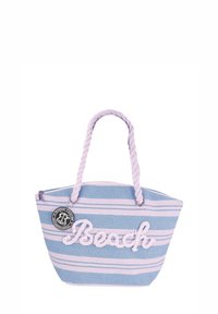 Gestreepte strandtas in blauw en licht paars met touwhandvatten en geborduurde "Beach" tekst aan de voorkant. Met ritssluiting en logodetail.