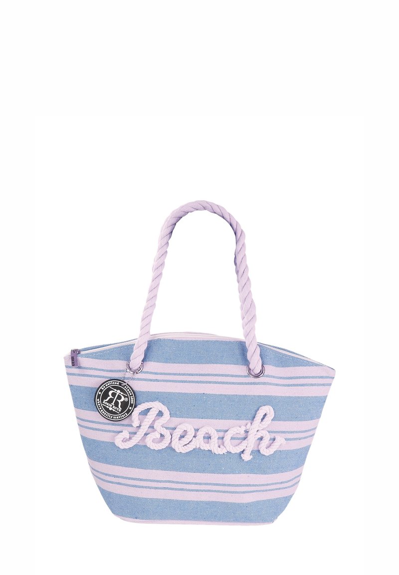Gestreepte strandtas in blauw en licht paars met touwhandvatten en geborduurde "Beach" tekst aan de voorkant. Met ritssluiting en logodetail.