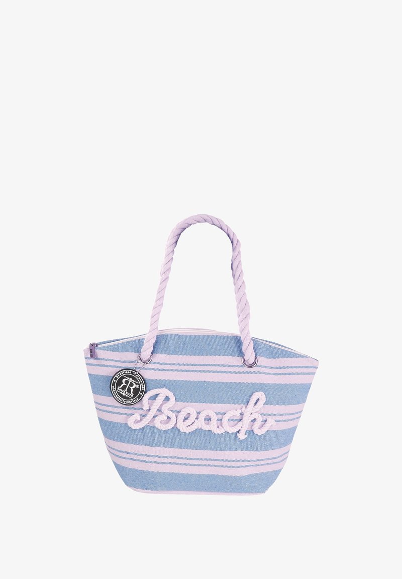 Gestreepte strandtas in blauw en licht paars met touwhandvatten en geborduurde "Beach" tekst aan de voorkant. Met ritssluiting en logodetail.