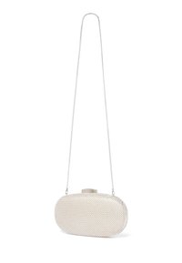 Owalna metaliczna torebka kopertówka z srebrnym łańcuszkiem, o fakturowanej powierzchni z siatką drobnych przezroczystych kamieni oraz z zapięciem na zatrzask.