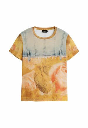 Short-sleeve shirt with denim jacket print on top and faded orange-yellow floral pattern on bottom and sleeves.
