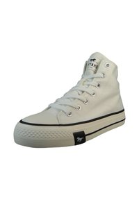 Białe trampki typu high-top wykonane z płótna. Posiadają srebrne oczka, okrągły czubek, czarną gumową podeszwę z białymi paskami oraz naszywkę z logo z boku.