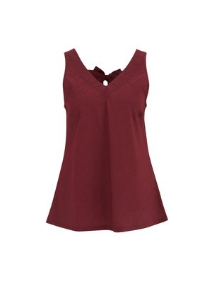 Burgundy ärmlös topp med V-ringning, med en liten rosett och nyckelhålsdetalj på baksidan, tillverkad av ett strukturerat material.