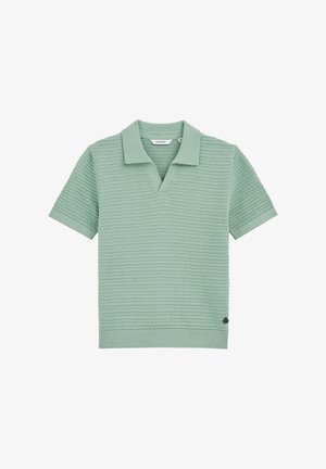 Svetlozelená polokošela s krátkymi rukávmi, so štruktúrovaným pleteným vzorom, dizajnom do V a rebrovaným golierom a manžetami. Obsahuje malý logom.