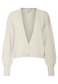 Vaaleanbeige lyhyt neuletakki, jossa on syvä V-pääntie, pehmeä neulepinta, palloselkäiset hihat ja kaksi etupainiketta. Venytettävät ribbikujat.