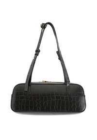 Czarna torebka z tłoczonej skóry krokodyla z regulowanymi paskami, prostokątny kształt i zapięcie w złotym odcieniu.