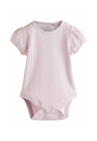 Ljusrosa babybody med korta puffärmar, strukturerat mönster och tre tryckknappar i botten för enkel påklädning.