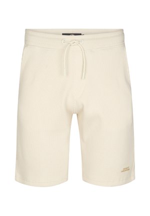 Pantaloni scurți de culoare crem, cu un model texturat în dungi. Au talie elastică cu șnur și un mic accent cu logo.