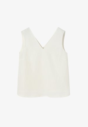 Balta be rankovių palaidinė su giliu V formos iškirpimu. Pagaminta iš glotnaus audinio, pasižymi švariu kirpimu ir įprastu prisitaikymu. Nėra matomų raštų ar akcentų.