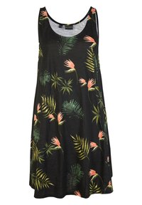 Abito nero senza maniche con vivaci motivi floreali tropicali, tra cui uccelli del paradiso rosa e foglie verdi, realizzato in tessuto leggero e morbido.