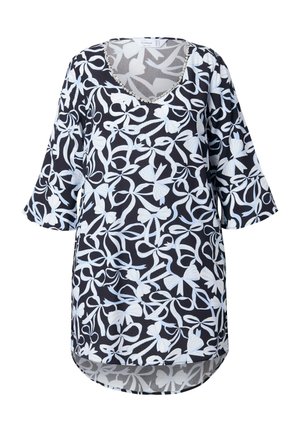 Zwarte tuniek met wit bloemenpatroon, voorzien van een V-hals en halflange mouwen. Gladde stof, ronde zoom voor een ontspannen pasvorm.