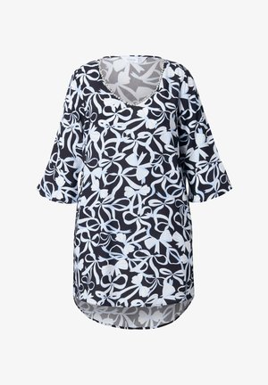 Černá tunika s bílým květinovým vzorem, s výstřihem do V a středně dlouhými rukávy. Hladká tkanina, zaoblený lem pro uvolněný střih.