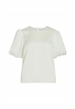 Weiße kurzärmlige Bluse mit Rundhalsausschnitt und Puffärmeln, mit einem Knopfverschluss auf der Rückseite.