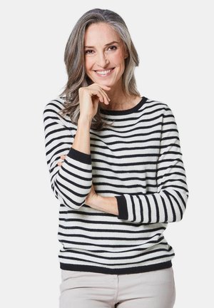 Schwarz-weiß gestreifter Pullover mit rundem Halsausschnitt und langen Ärmeln, ausgestattet mit schwarzen Akzenten an den Bündchen und am Saum. Weicher, strukturierter Stoff.