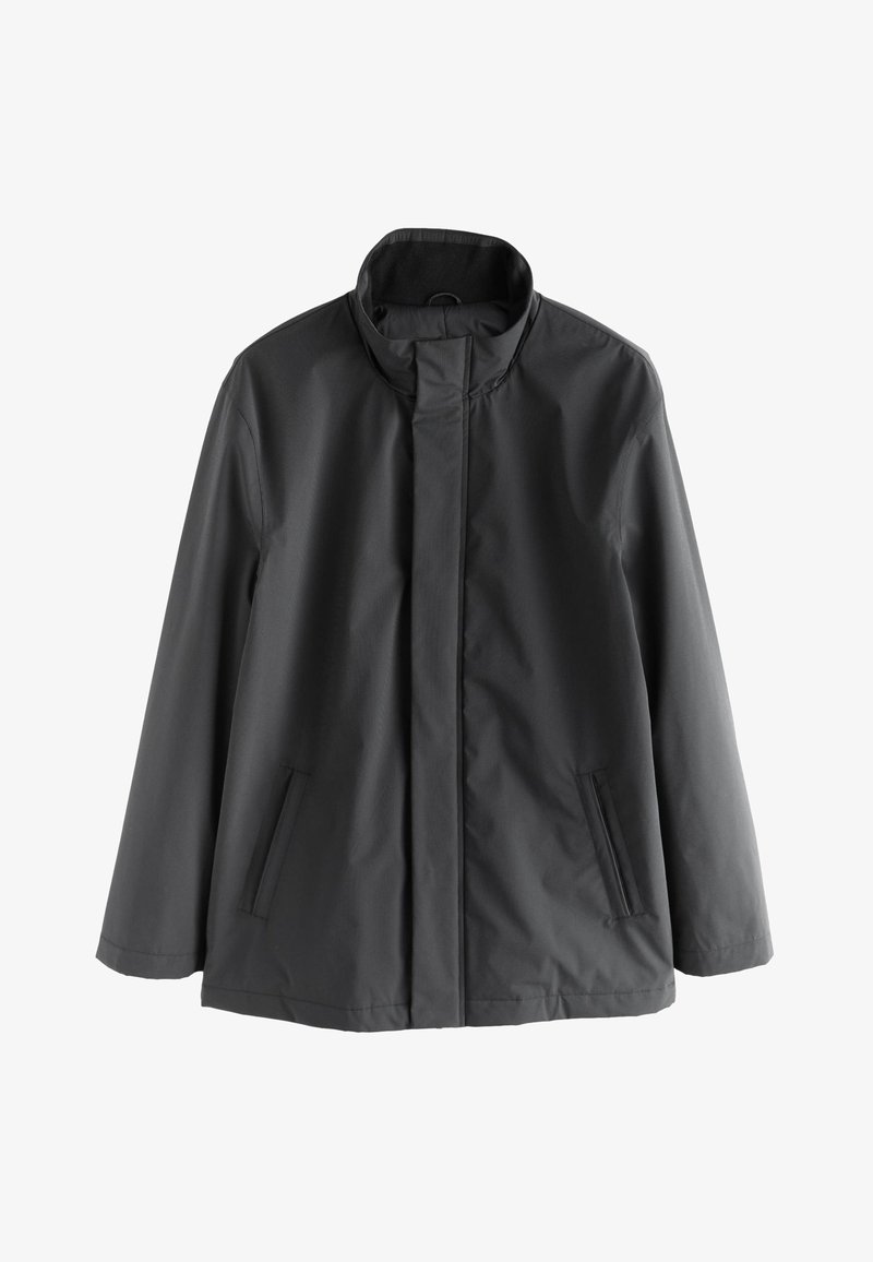 Veste imperméable gris charbon à manches longues, col montant, fermeture éclair avant dissimulée et deux poches latérales inclinées.