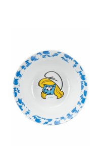 Ciotola in ceramica con interno bianco, caratterizzata dal volto di un personaggio dei cartoni animati blu e da forme astratte blu sul bordo. Finitura liscia e lucida.