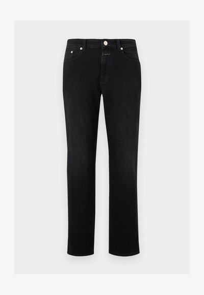 Jean noir à jambe droite avec cinq poches, fermeture à bouton et passants pour ceinture, présenté sur un fond blanc.